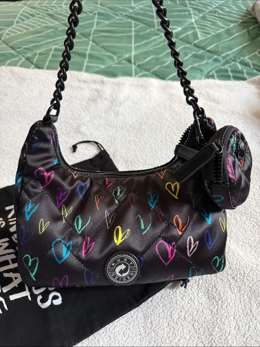 Kurt Geiger Black Quilted Shoulder Bag with Multicolor Heart Print - Picture 2 of 6